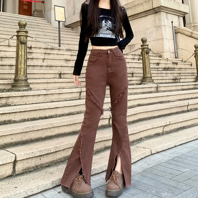 

2023 Cyber Y2K Streetwear Vintage Brown Slim Flare Stacked Jeans pants For Women High Waist Dress Lady Trousers Pantalon Femme