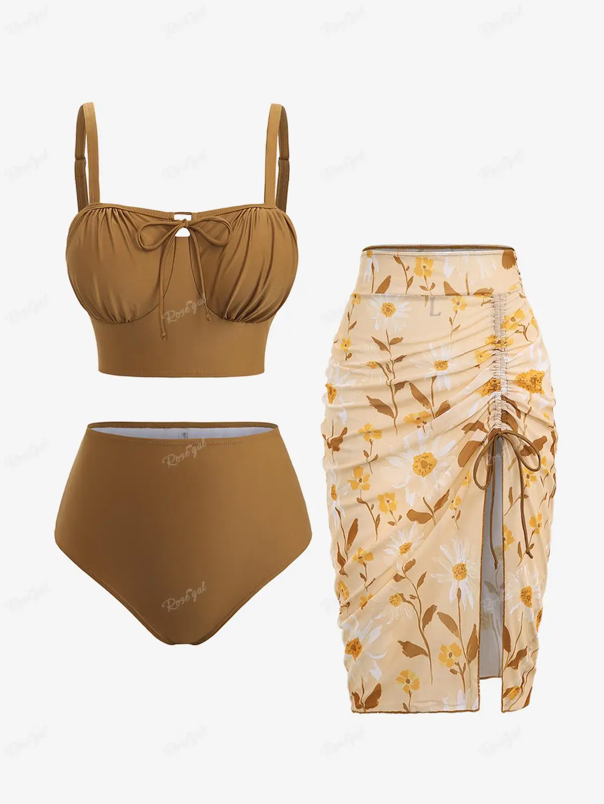 

ROSEGAL Plus Size Tie Ruched Floral Leaf Print Cinched Split Skirted 3 Pieces Tankini Swimsuit Women High Waist Beachwear Bikini