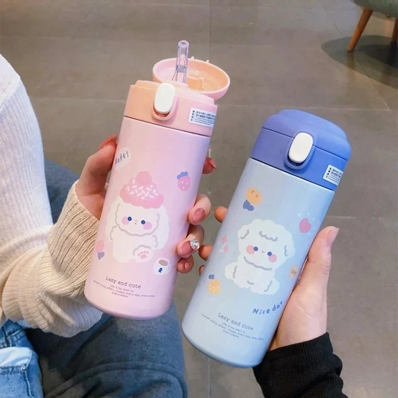 

Stainless Steel Thermos Vacuum Flask Creative Straw Cup Cute Thermal Insulation Water Bottle Practical Gift About 380ml