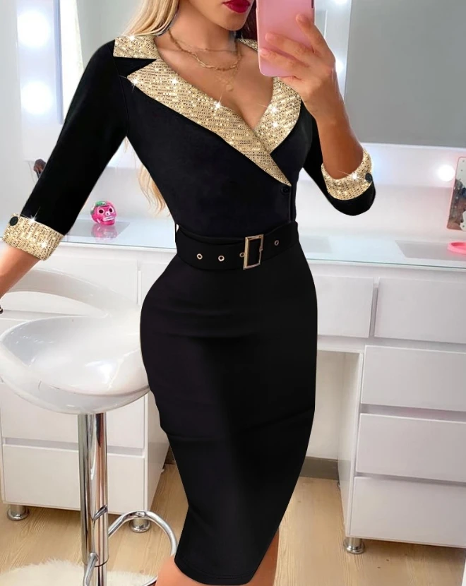 

Casual Women's Dresses Fashion 2023 Autumn Elegant Long Sleeve Notched Collar Contrast Sequin Eyelet Buckled Bodycon Dress