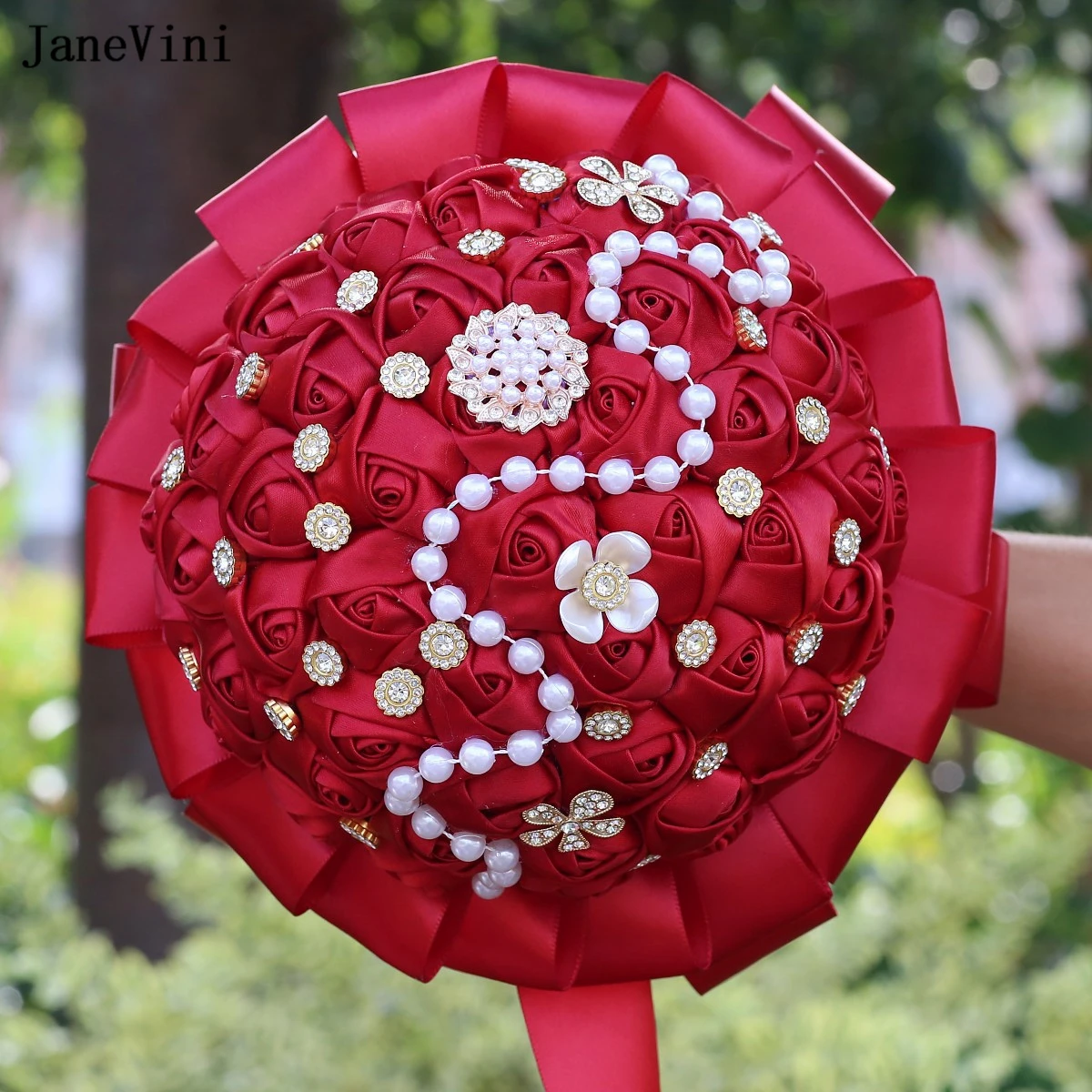 

JaneVini 2023 Elegant Burgundy Wedding Flowers Bridal Hand Bouquets with Pearls Beaded Artificial Satin Roses Bouquet De Mariee