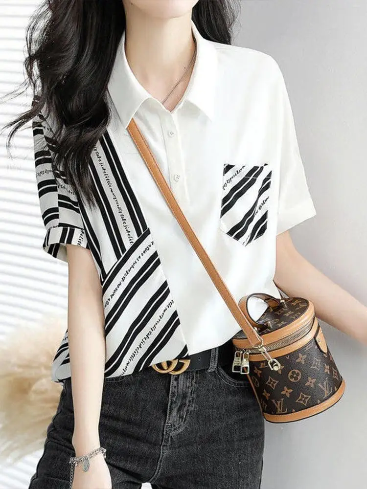 Fashionable Casual Striped Patchwork Short Sleeved T-shirt Summer Casual Loose Slimming Versatile Tops Fashion Clothes for Women Fashionable Casual Striped Patchwork Short Sleeved T-shirt Summer Casual Loose Slimming Versatile Tops Fashion Clothes for Women