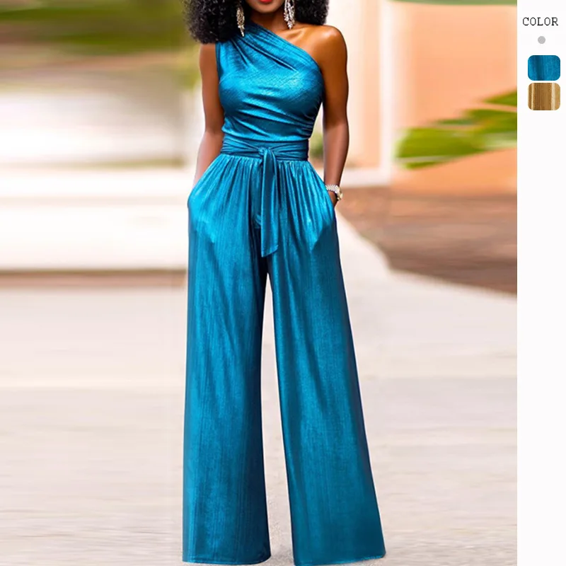 Women Elegant Inclined Shoulder Long Jumpsuits Khaki Blue Sleeveless High Waist Lace-up Wide Leg Pants Chic One Piece Streetwear
Women Elegant Inclined Shoulder Long Jumpsuits Khaki Blue Sleeveless High Waist Lace-up Wide Leg Pants Chic One Piece Streetwear
