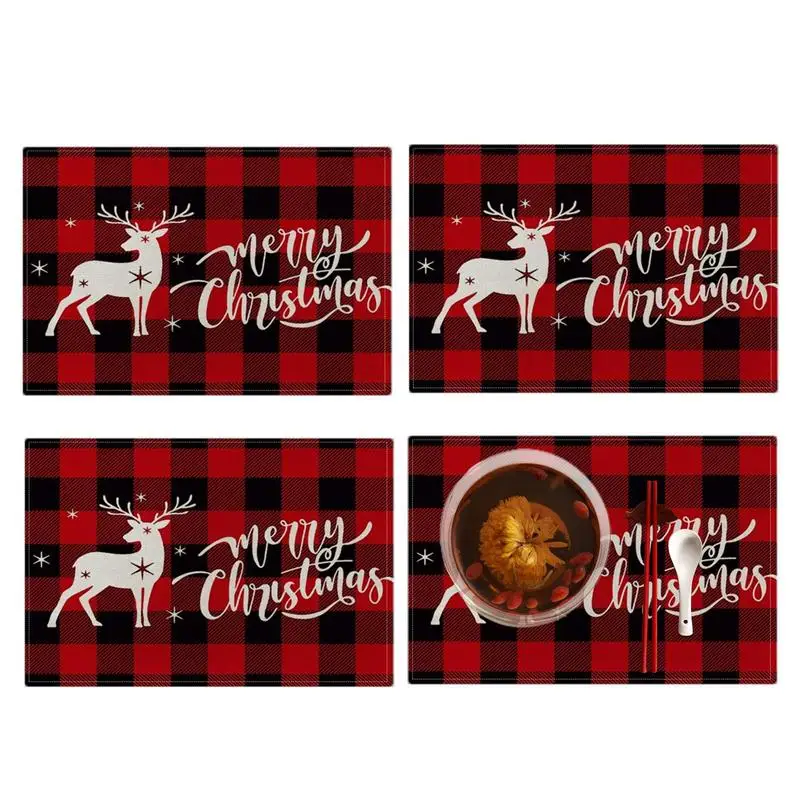 

Plaid Placemats 4PCS Buffalo Plaid Linen Coasters Bell Tree Table Mats Winter Woven Red Placemats Farmhouse Style Holiday Table