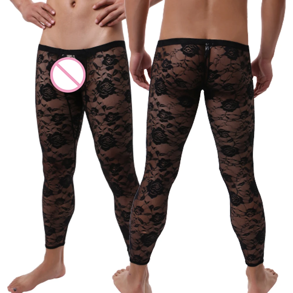 

Sexy Men Low Rise Bulge Pouch See Through Leggings Erotic Sheer Floral Lace Ankle Length Legging Pants Tights Sleepwear Trousers