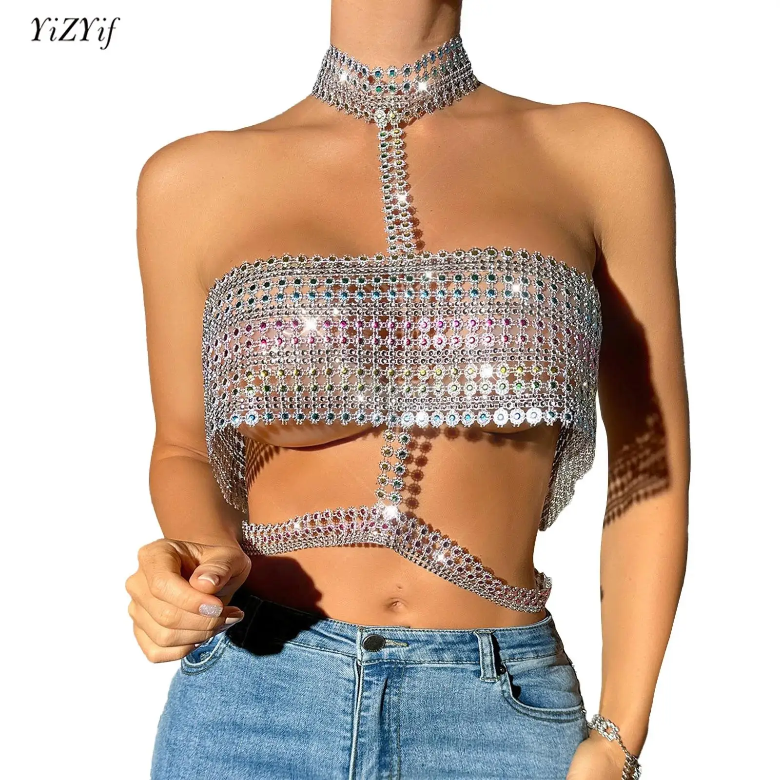 

Womens Sexy Hollow Out Crop Top T Shirt Sparkly Rhinestone Hater Backless Camisole Y2K Clubwear Festival Rave Party Tank Tops