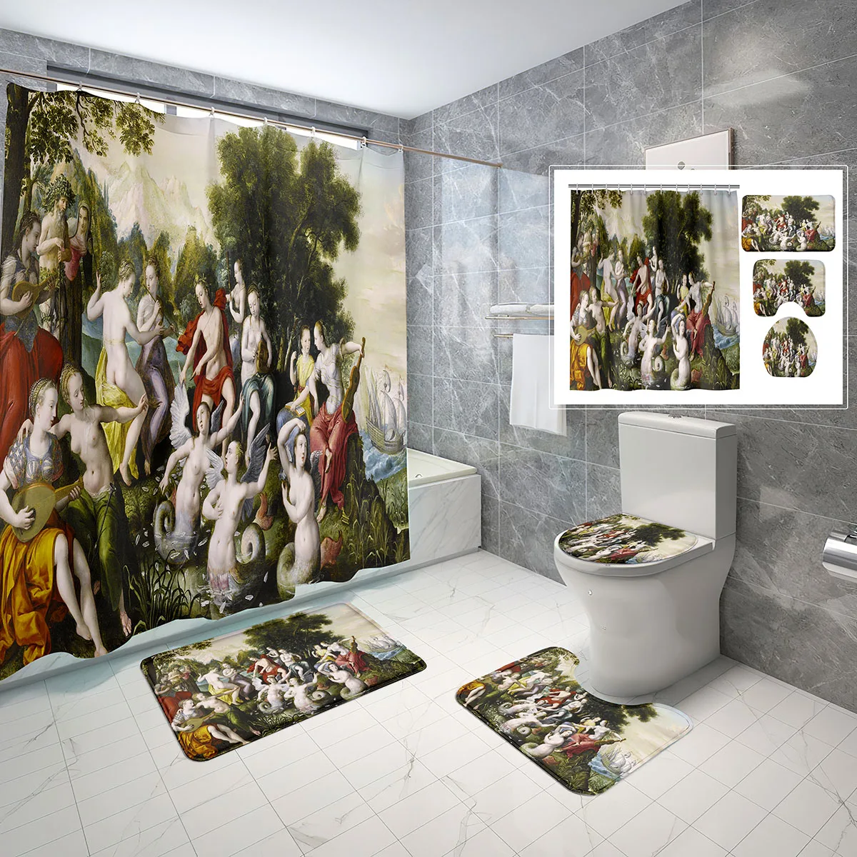 4 Pcs Greek Mythology Shower Curtain Sets with Toilet Lid Cover and Non-slip Bath Mat Nine Muses with Apollo Shower Curtain Set
4 Pcs Greek Mythology Shower Curtain Sets with Toilet Lid Cover and Non-slip Bath Mat Nine Muses with Apollo Shower Curtain Set