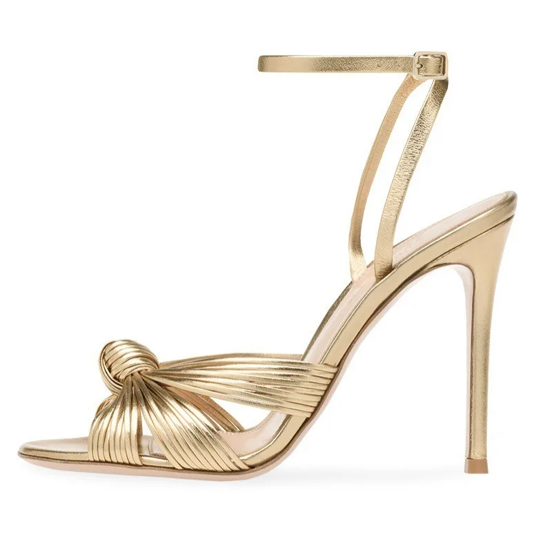 

Gold Color Stiletto Heel Sandals Cross One Word Belt Round Toe Slingback Ankle Strap PU Sandals Women Fashion Party Large Size