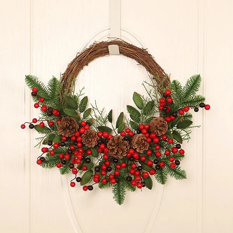 

DIY Christmas Wreath Supplies: Natural Branches Pine Rattan Wreath with Berries & Pine Cones for Home Door Decoration - 1pc