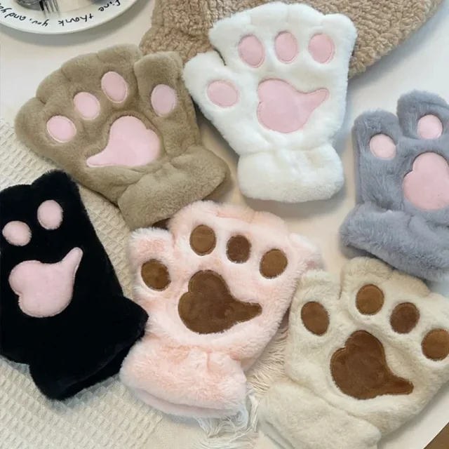 Gants de patte de griffe de chat en peluche, mitaines chaudes et douces, gants courts sans doigts, costume d'ours moelleux, gants demi-doigts, jolis 1