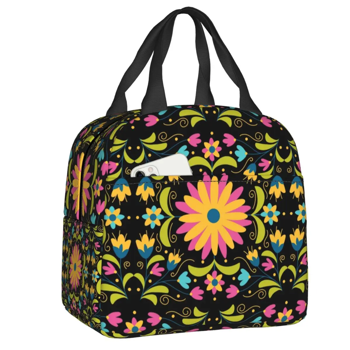 

Mexican Otomi Embroidery Pattern Thermal Insulated Lunch Bag Women Mexico Flower Lunch Tote for Work School Storage Food Box