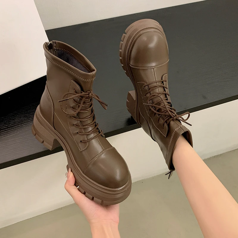 

2023 Hot Sale Ladies Shoes PU Women's Boots Ankle Modern Boots Women Sewing Lace Up Round Toe Side Zip Chunky Heel Shoes Women