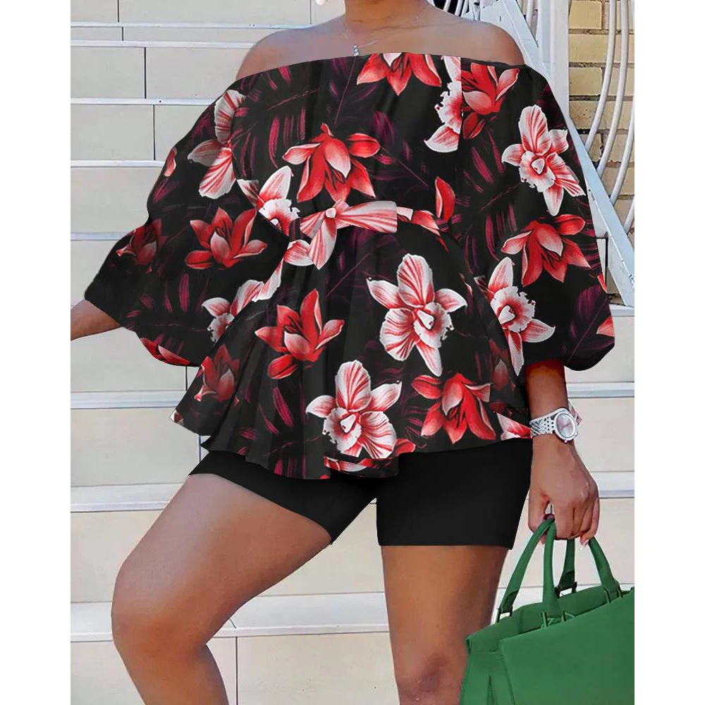 

Plus Size Vacation Tropical Print Off Shoulder Belted Two Piece Short Set