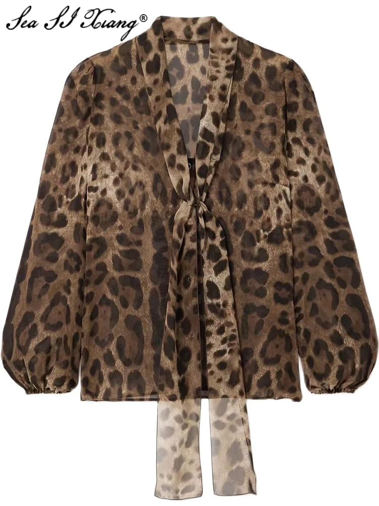 Seasixiang Fashion Designer Autumn Silk Shirt Women Lace-up Collar Lantern Sleeve Single Breasted Leopard Print Vintage Shirt
Seasixiang Fashion Designer Autumn Silk Shirt Women Lace-up Collar Lantern Sleeve Single Breasted Leopard Print Vintage Shirt