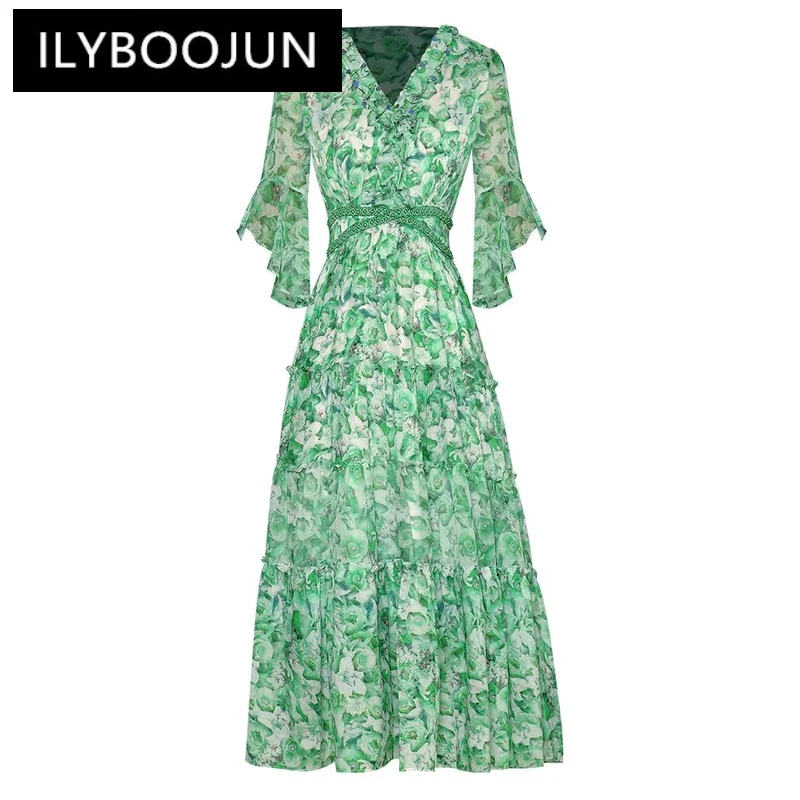 

Модное дизайнерское весенне-летнее женское платье ILYBOOJUN с V-образным вырезом, расклешенными рукавами, бусинами и цветочным принтом, элегантные юбки миди
