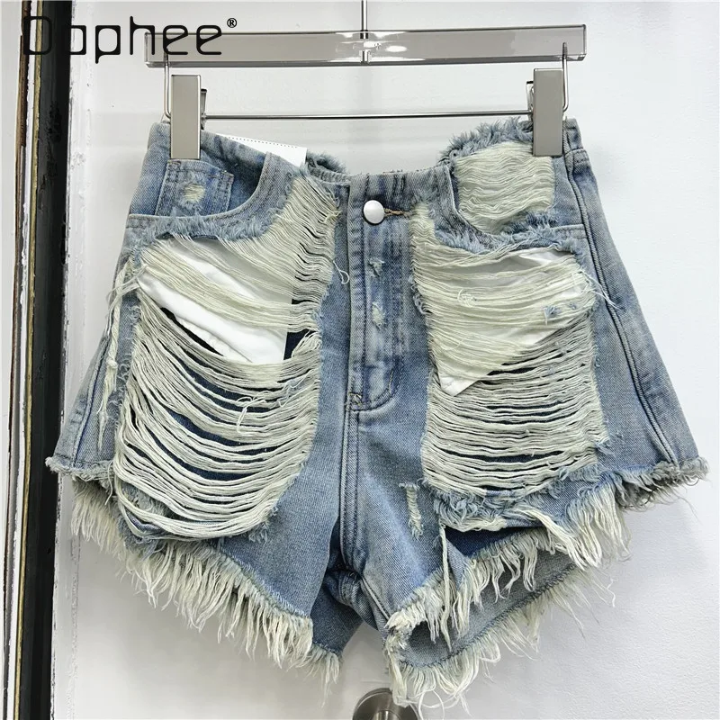 

Summer Ultra Short Denim Hot Pants Female 2024 New Handmade Blue Worn Brushed Slimming Headless Frayed Fringe Jean Shorts