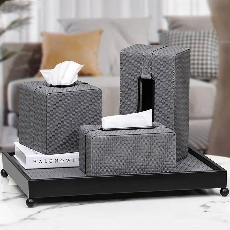 

Leather Tissue Box Imitation Leather Tray Decorate Nordic Style Weave Pattern Extractable Tissue Box Household Storage Supplies