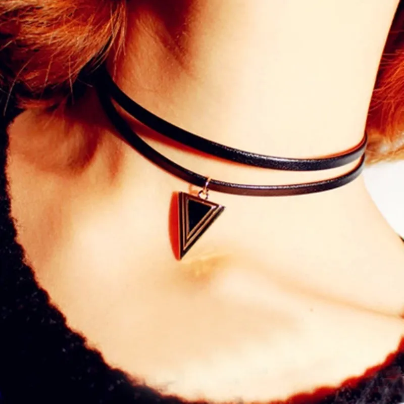 

New Punk Triangle Pendant Clavicle Necklace Fashion Chokers Statement Double Layer Leather Necklaces For Female Party Gift