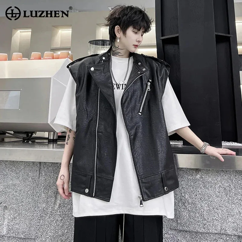 

LUZHEN Fashion Zipper Splicing Design Leather Sleeveless Vests Original Men Personality Trendy Versatile Street Waistcoat LZ2527