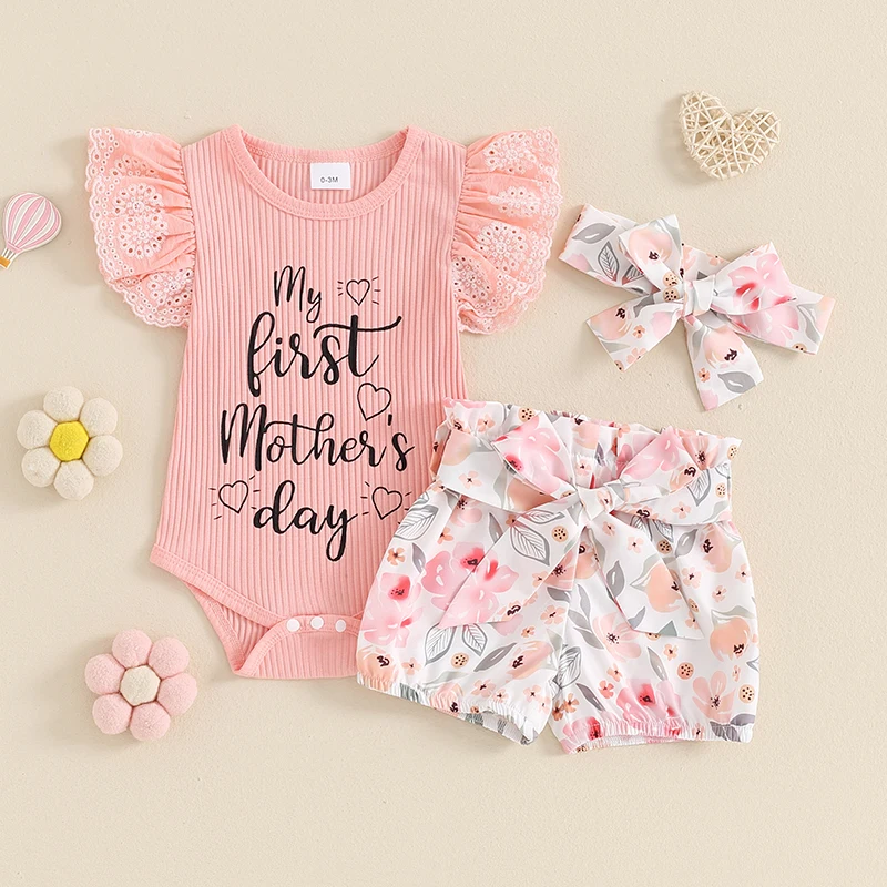 

My First Mothers Day Baby Girl Outfit Newborn Clothes Short Sleeve Ribbed Ruffle Romper Floral Shorts Headband Set
