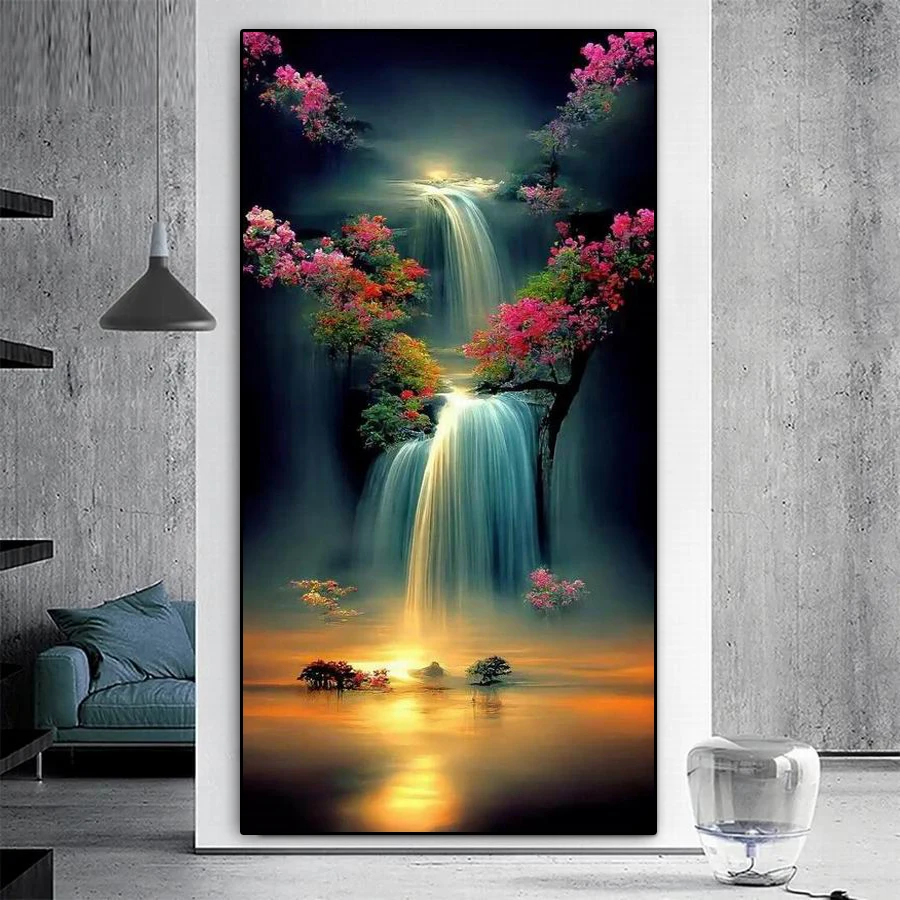 

Big Size Diamond Painting New 2024 Natural Scenery Waterfall Flower Diy Full Mosaic Embroidery Landscape Picture Wall Decor