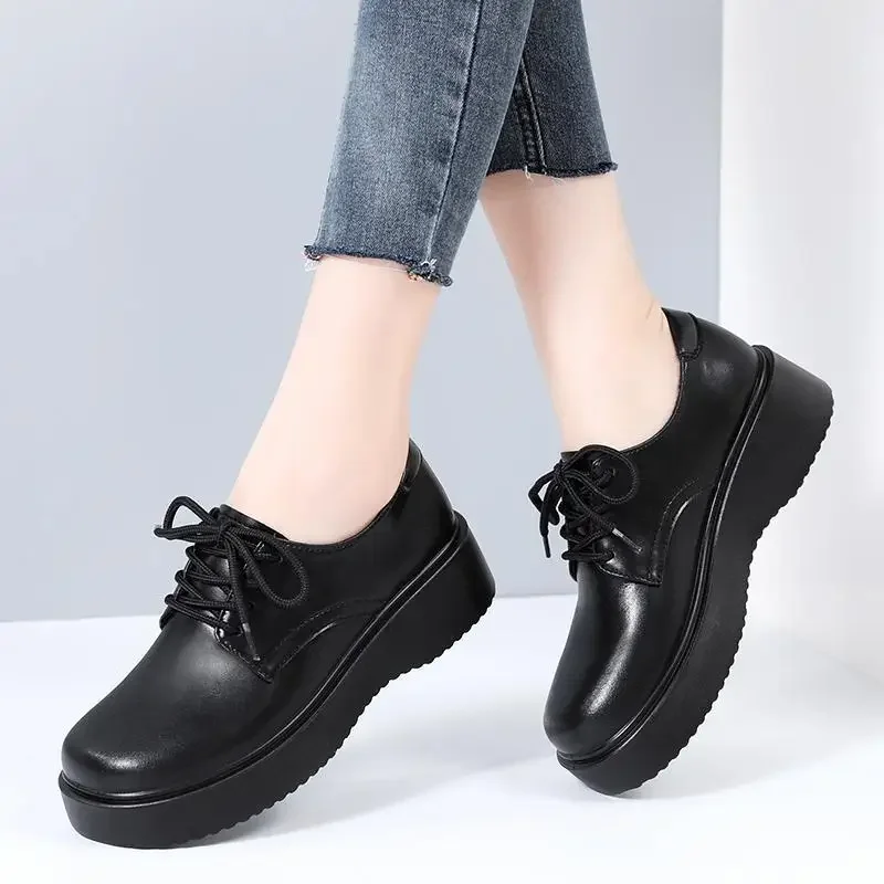 

Маленькие однослойные женские туфли из натуральной мягкой кожи на толстой подошве, Новинка весна-осень 2023, черные туфли в британском стиле