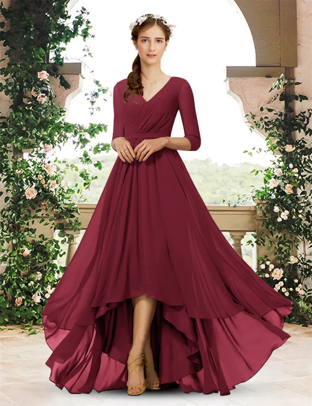 

A-Line Bridesmaid Dresses Wedding Party Dresses V-Neck 3/4 Length Sleeve Elegant Sweep Train Pure Color Chiffon with Pleats 2024