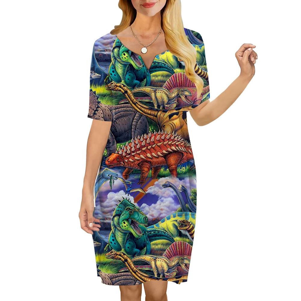 

CLOOCL Retro Women Dress Ancient Dinosaur Pattern 3D Printed Loose Casual V-Neck Short Sleeve Knee-length Dresses Female Clothes