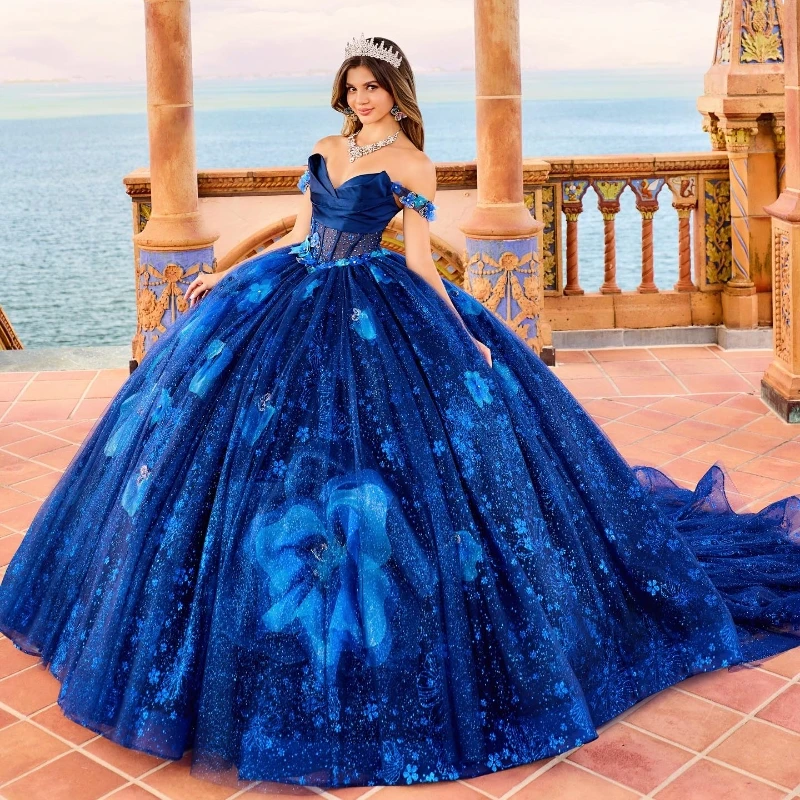 

Blue Shiny Quinceanera Dresses Tulle Beading Off The Shoulder Party Dress Appliques Lace Up Court Train Prom Ball Gown vestidos