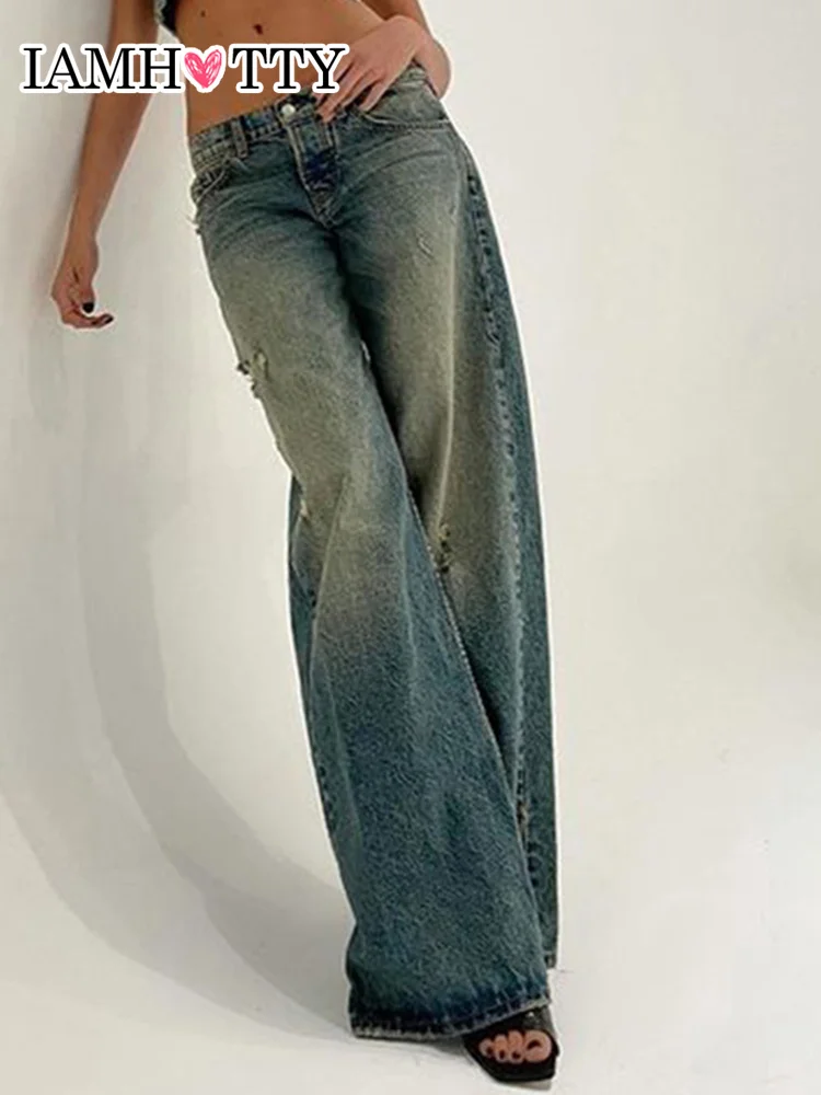 

IAMHOTTY Washed Color Vintage Wide Leg Jeans Low Waist Baggy Straight Denim Pants Casual Grunge Streetwear Chic Fashion Outfit