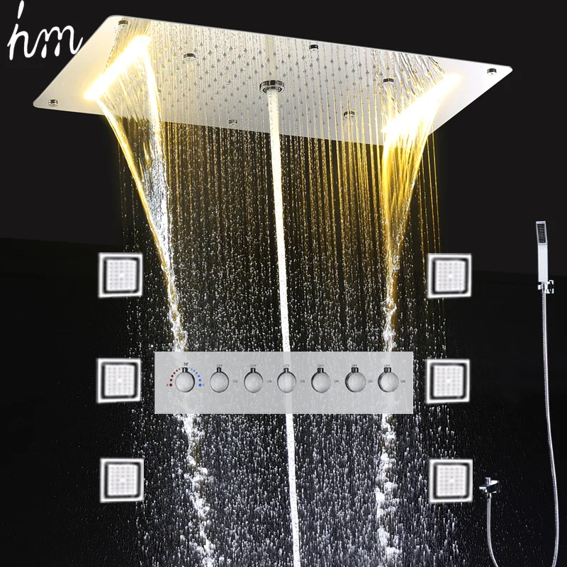 

2024 High Quality LED Shower System Set Mist Spray Rain Waterfall Shower Head Panel Thermostatic Mixer Faucet With Lateral Jets