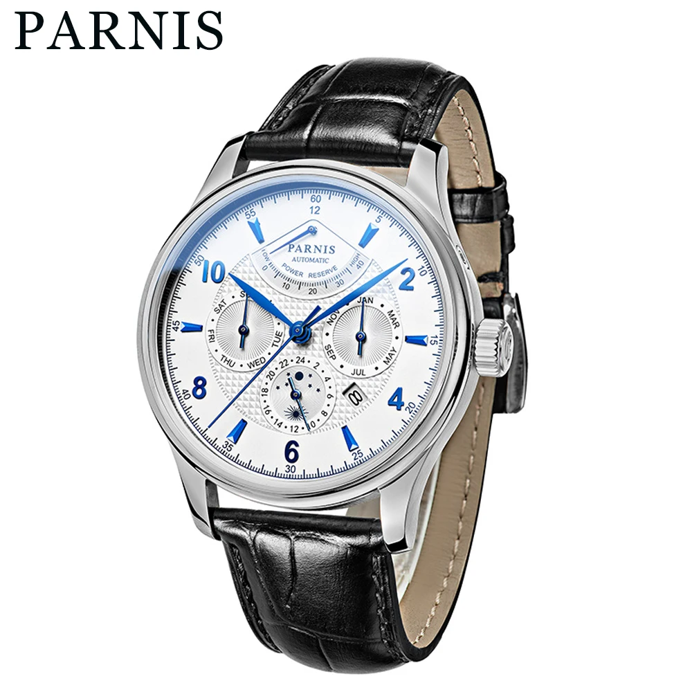 

Parnis 43mm Miyota Power Reserve Automatic Men's Watch Month Date Day 24-hours