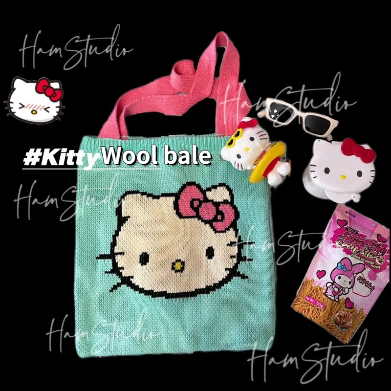 

Original Hellokitty Knitted Bag Cute Childlike Vacation Wool Shoulder Bag Purse Designer Bolsos Para Mujer Straw Handbags