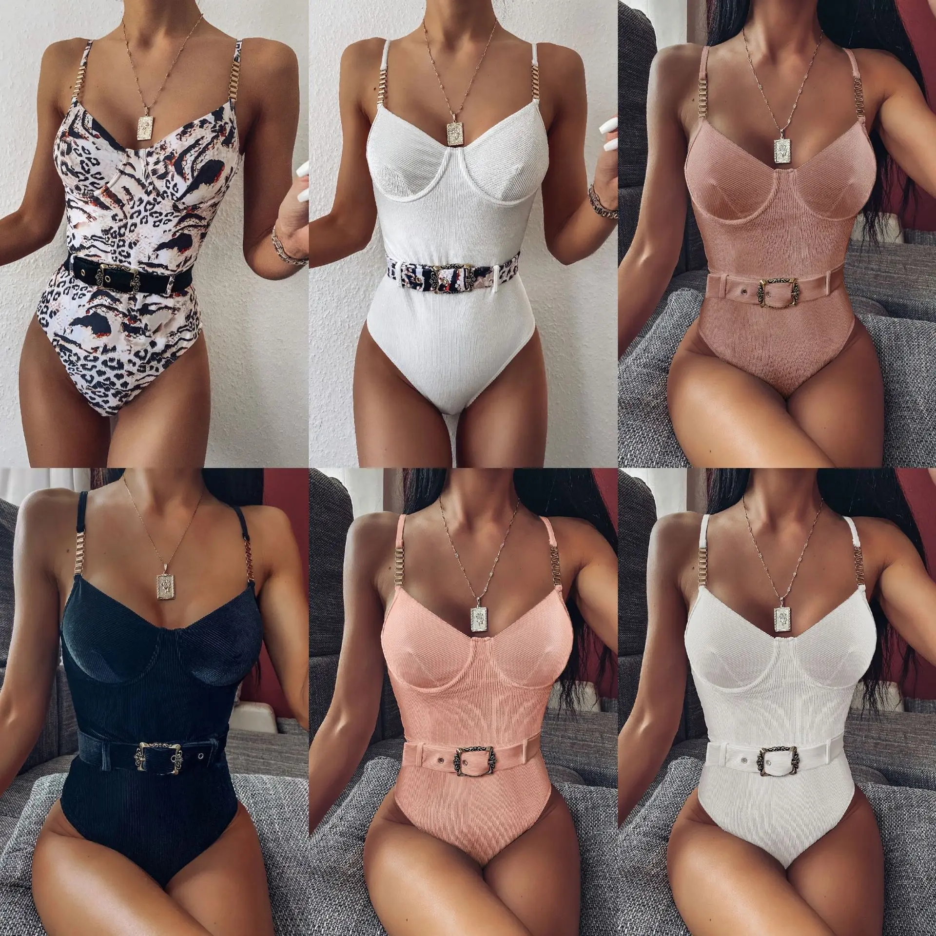 

2023 High Quality Sexy One Piece Swimsuit Swimwear Women Push Up Pit Striped Metal Chain Straps Bathing Suit Beachwear with Belt