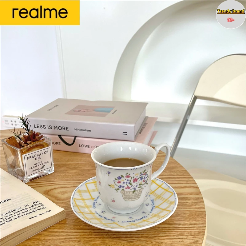 

Realme Nordic Small Flower Ceramic Coffee Cup Set Retro Breakfast Milk Tea Cup Saucer Wedding Decorative Reusable Drinking Cup