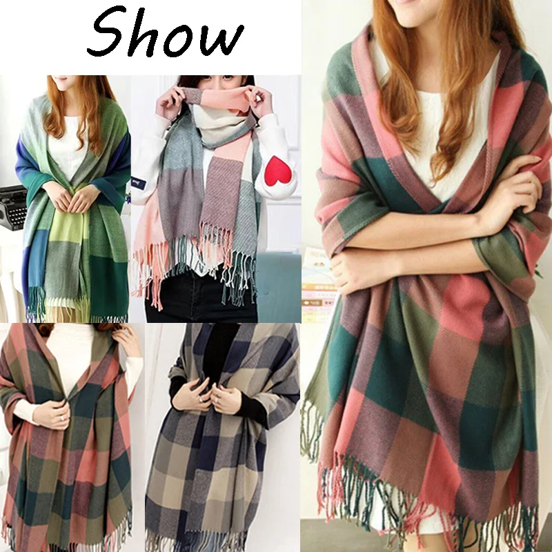

Vintage Colorful Plaid Cashmere Tassel Scarf Thickened Warm Winter Casual Korean Scarf Shawl Pashmina Mohair Scarf for Women