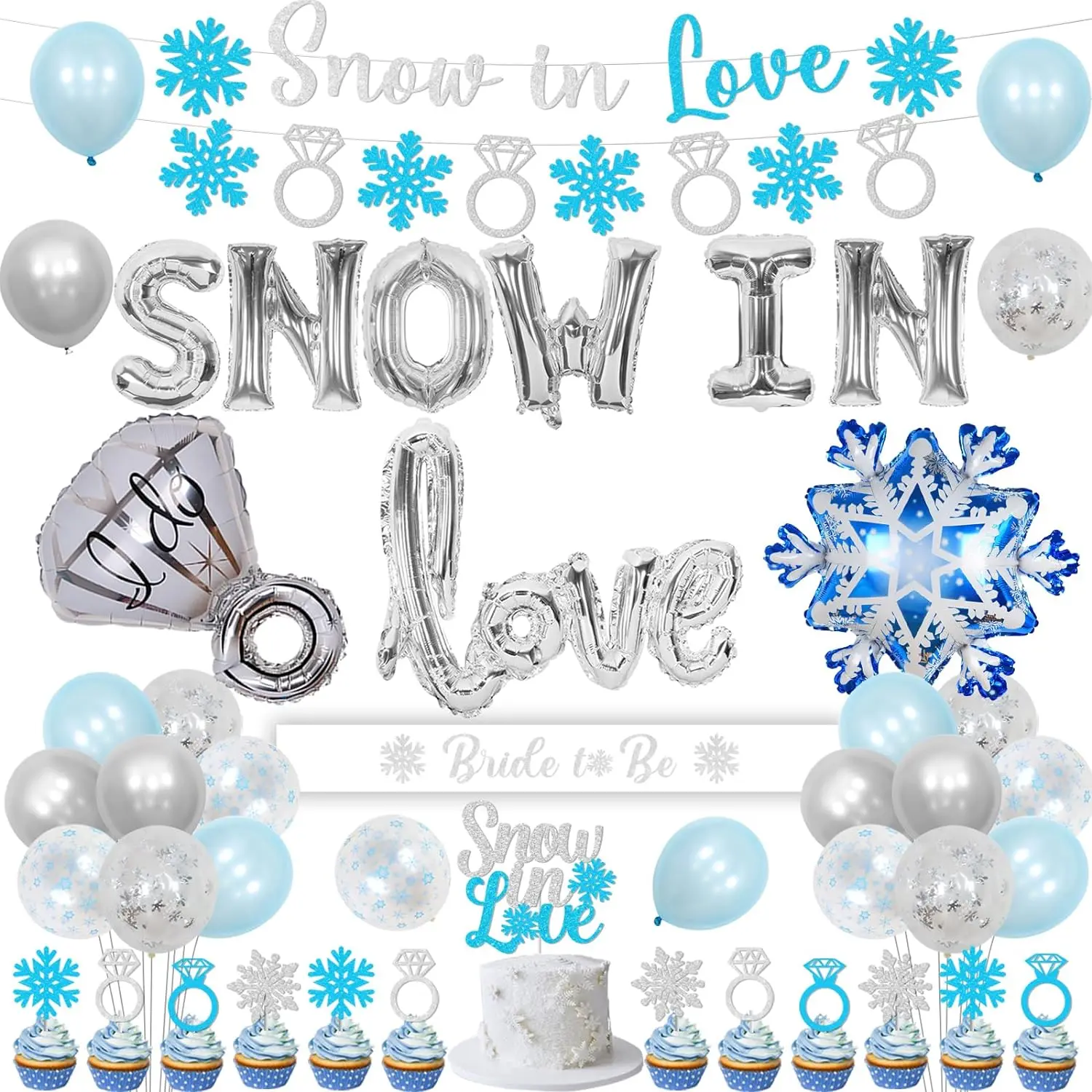 Snow In Love Bridal Shower Decorations Silver Banner Cake Topper Snowflake Ring Balloons for Winter Wedding Engagement Party
Snow In Love Bridal Shower Decorations Silver Banner Cake Topper Snowflake Ring Balloons for Winter Wedding Engagement Party