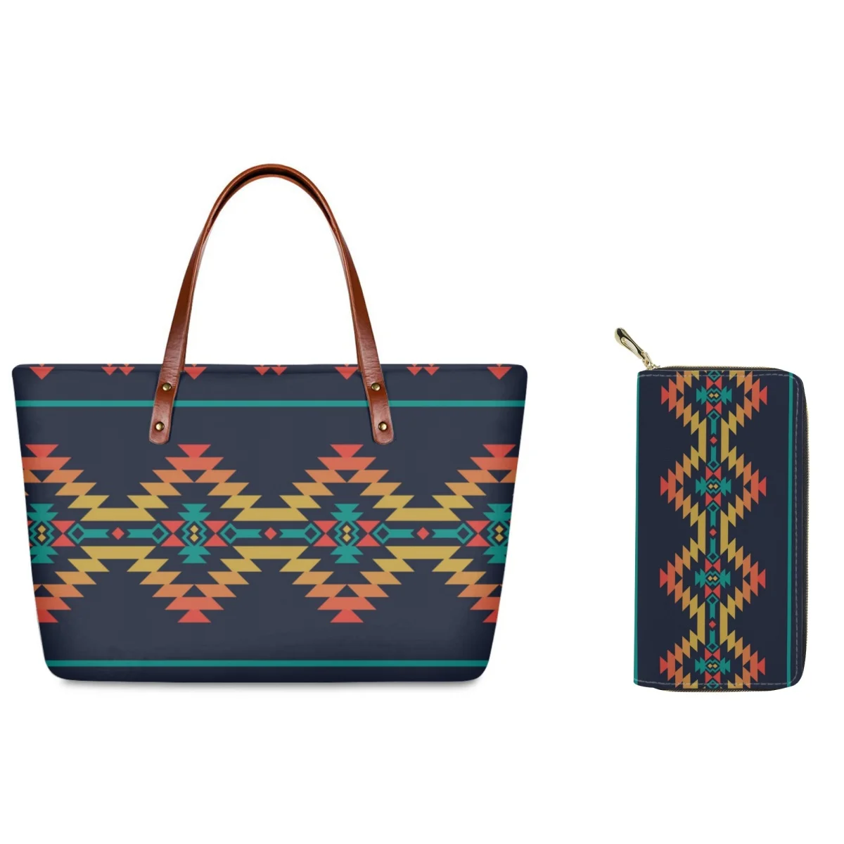

FORUDESIGNS 2Pcs/Set Tote Bags Leather Purses Aztec Tribal Art Fabric Print Ladies Hand Bag American Patterns Women's Handbags