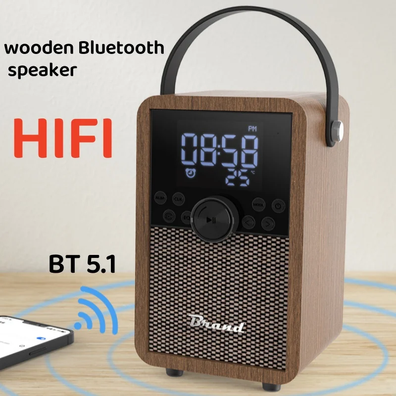 

Caixa De Som Wooden Bluetooth Speaker Portable Handheld Clock Subwoofer Speaker 3D Stereo Surround FM Radio Music Player TF/USB