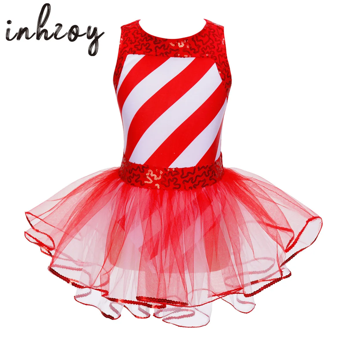 

Kids Girls Candy Cane Santa Claus Costume Sequin Stripes Carnival Festival Elf Christmas Dress Skating Ballet Leotard Tutu Dress