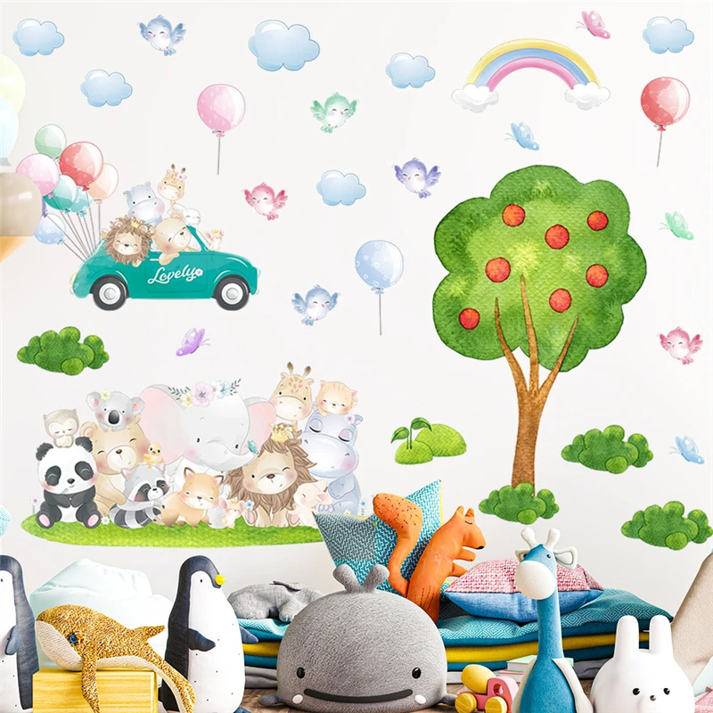 

Cartoon Animals Birds Zoo Balloon Party Wall Stickers For Home Decoration Pastoral Mural Art Kids Bedroom Decals Safari Posters