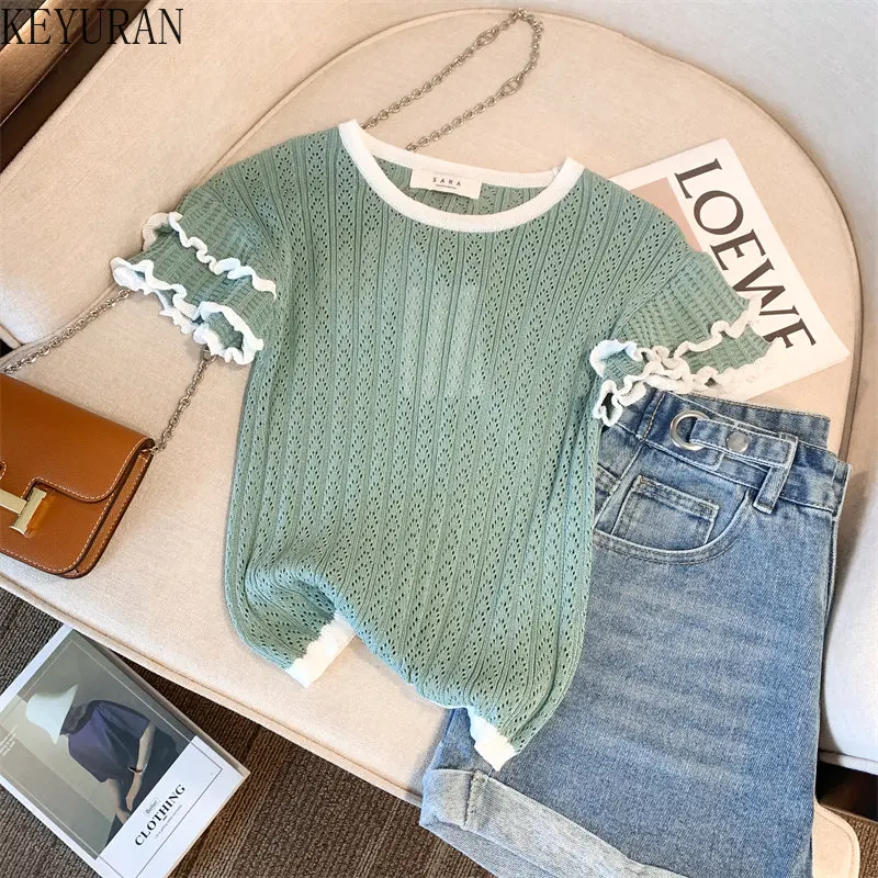 Summer Green Ruffles Hollow Out Short Sleeve Sweater Women Knit T-Shirt Korean Fashion O-Neck Slim pullover Knitwear Tops Tees
Summer Green Ruffles Hollow Out Short Sleeve Sweater Women Knit T-Shirt Korean Fashion O-Neck Slim pullover Knitwear Tops Tees