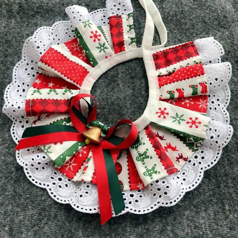 

Christmas Pet Bow Bib Collar Scarf Plaid Bow Lace Saliva Towel with Bell Pendant for Dog Cat Collar Necklace Grooming Accessory