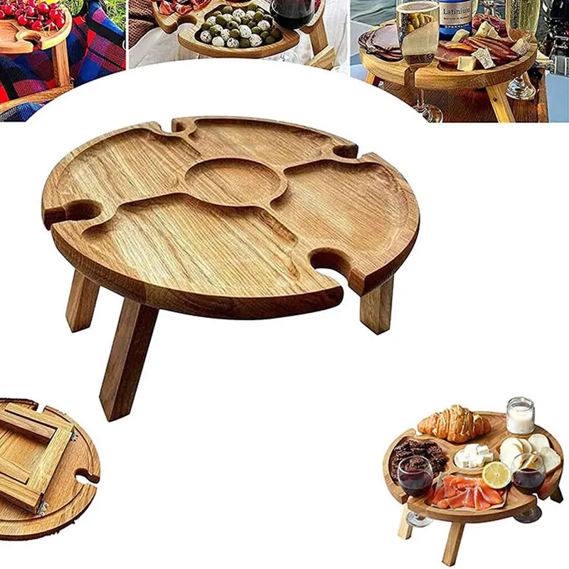 

Wooden Outdoor Folding Picnic Table with Glass Holder Round Foldable Desk Wine Glass Rack Collapsible Camping Table for Party