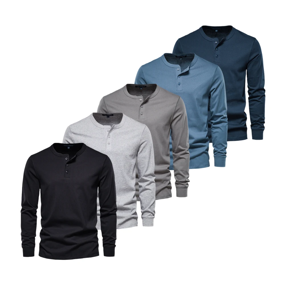 

BabYoung 5Pcs Set Henley Men's Long Sleeve 100% Cotton Casual High Quality Male T-Shirt Solid Color Tee Men Autumn