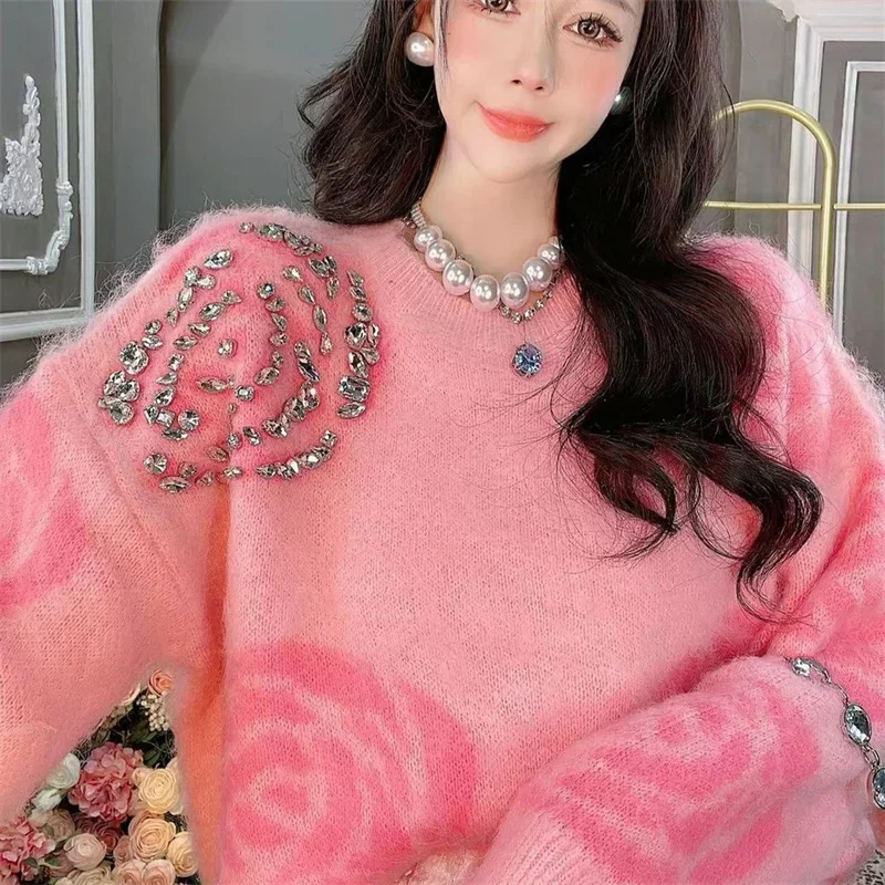 Mohair Pink Wool Knit Pullover Luxury Crystle Floral Jacquard Diamonds Women Cashmere Sweater Autumn Winter Warm Jumpers
Mohair Pink Wool Knit Pullover Luxury Crystle Floral Jacquard Diamonds Women Cashmere Sweater Autumn Winter Warm Jumpers