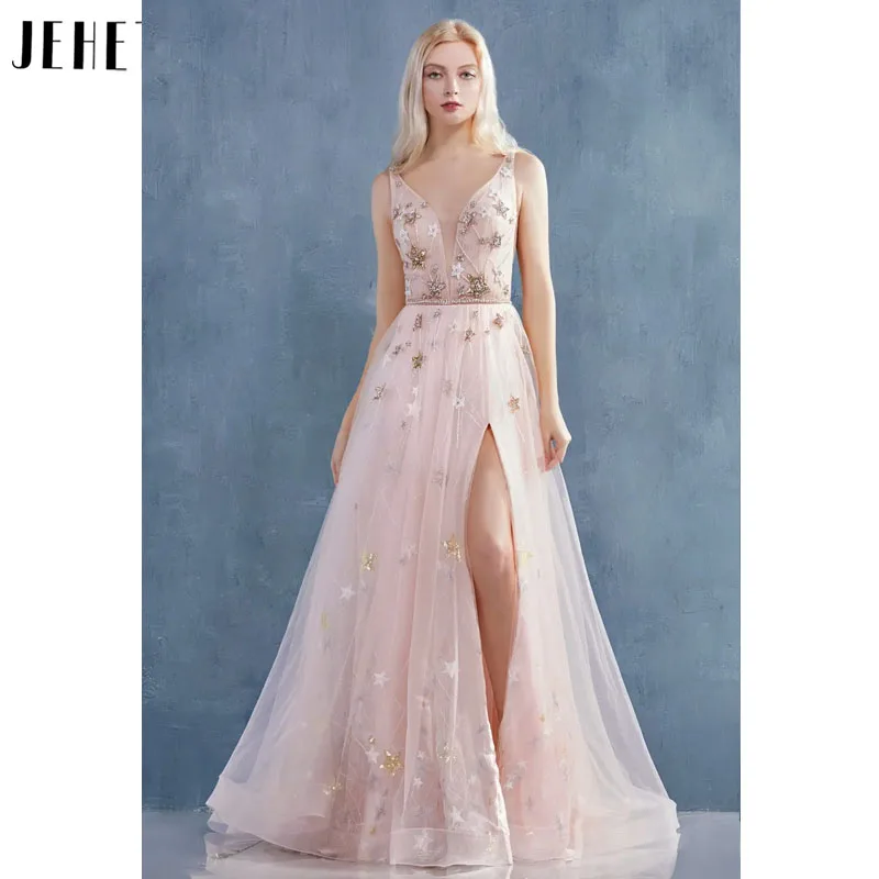 

JEHETH Elegantly A-line Evening Dress Star Sequins Spaghetti Strap Backless Tulle V-Neck Prom Gown Side Slit Vestidos De Noche