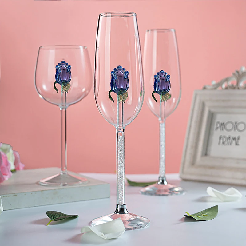 

High Borosilicate Rose Stemmed Wine Glass Blue Rose Build-In Creative Wine Stemware Goblets Champagne Flute Drinkware