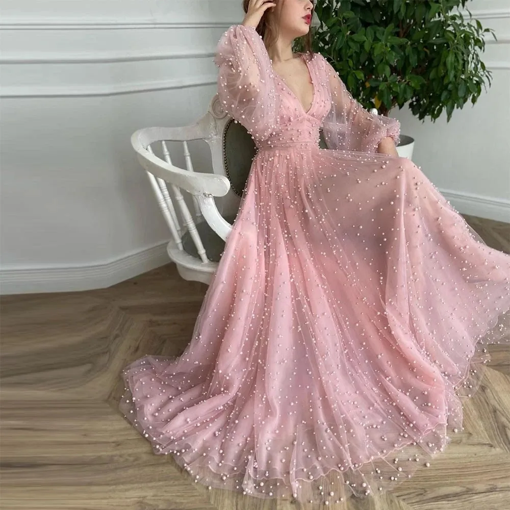 Unique Pink Pearls Prom Dresses Long Sleeves V Neck 2023 New In Evening Gowns Formal Occasion Wedding Party Robe
Unique Pink Pearls Prom Dresses Long Sleeves V Neck 2023 New In Evening Gowns Formal Occasion Wedding Party Robe