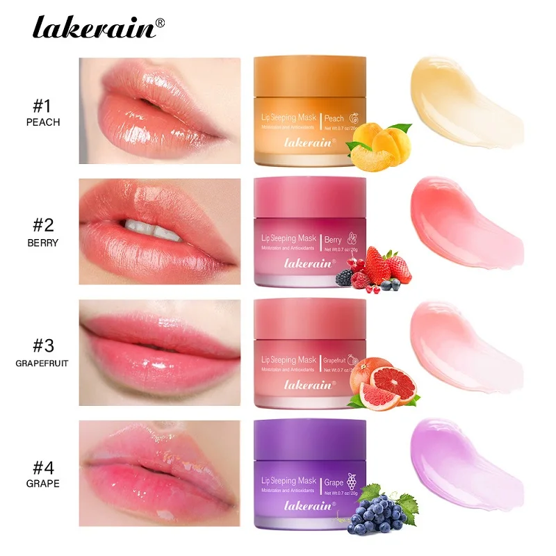 

4 Fruity Flavors Lip Sleeping Mask Moisturizing Nourish Lip Balm Fade Lip Lines Lip Care Night Sleep Hydrated Women's Cosmetics